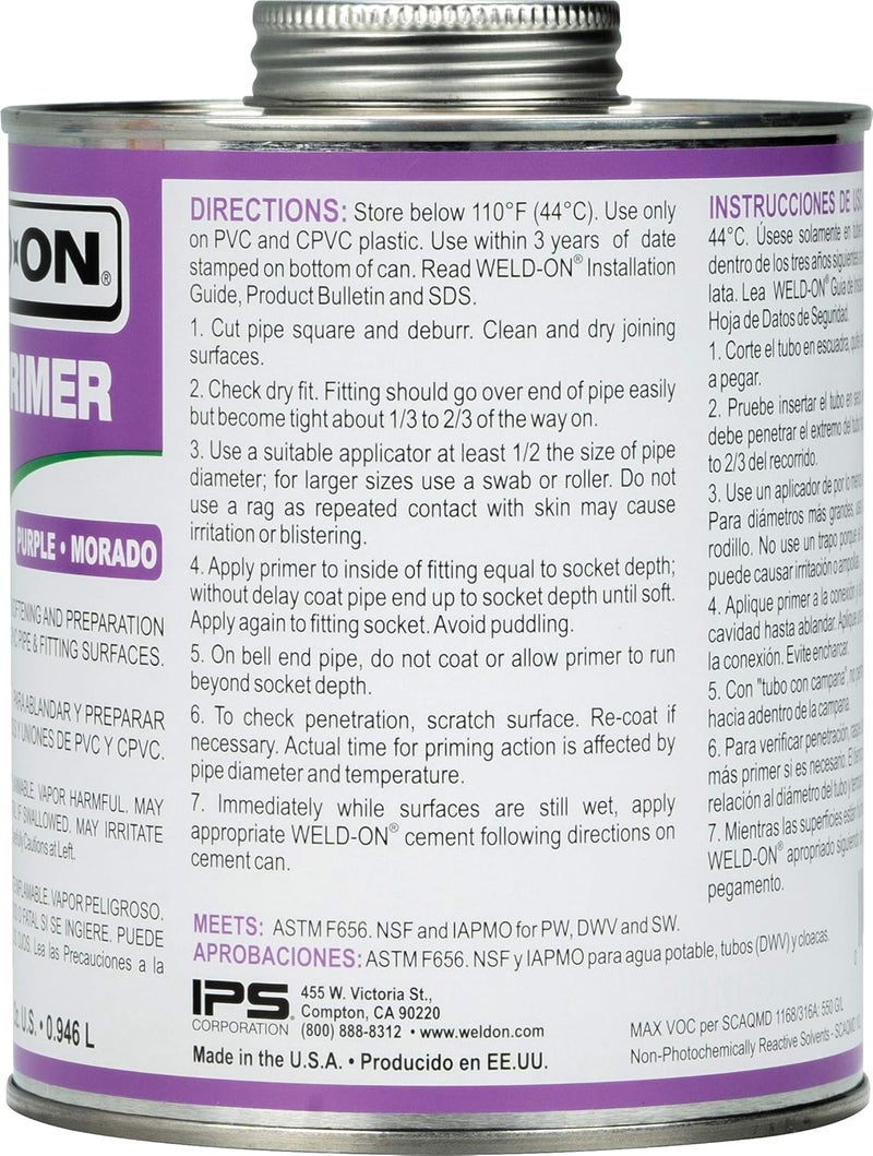 IPS WELD-ON 10210 P-68 PVC/CPVC Non-Bodied Primer - Fast Acting and Low-VOC, Purple, 1 Quart (32 fl oz) - Image 2